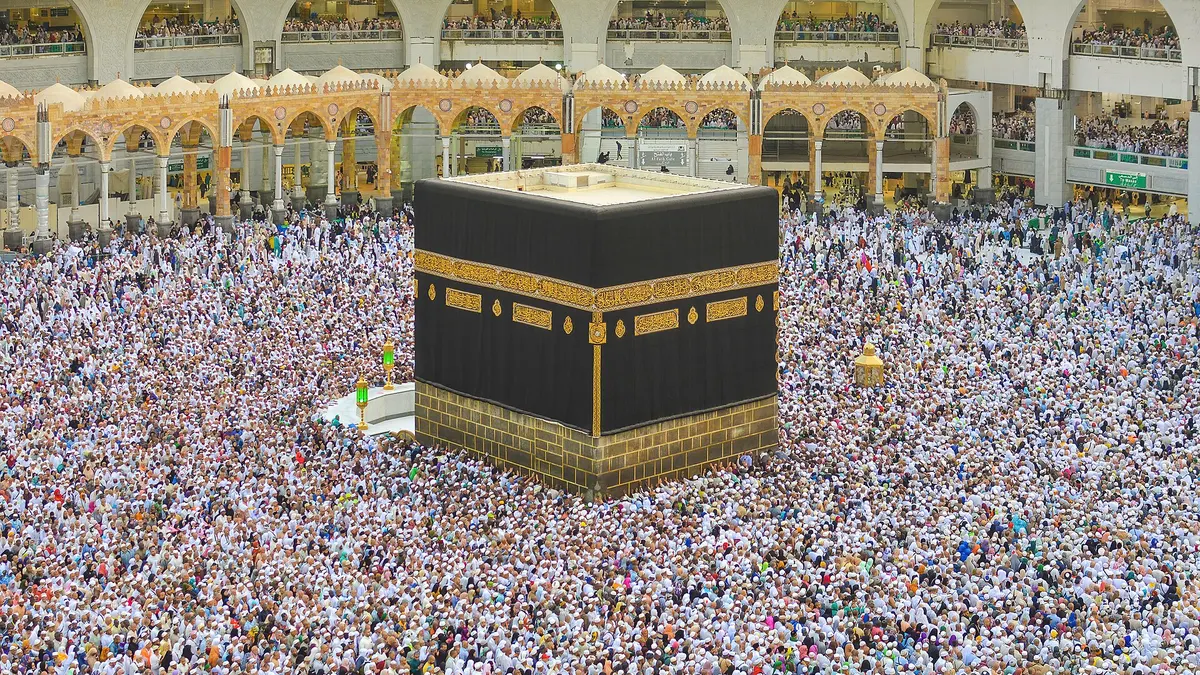 Pilgrims circling the Kaaba in Masjid al-Haram, Makkah, during Hajj