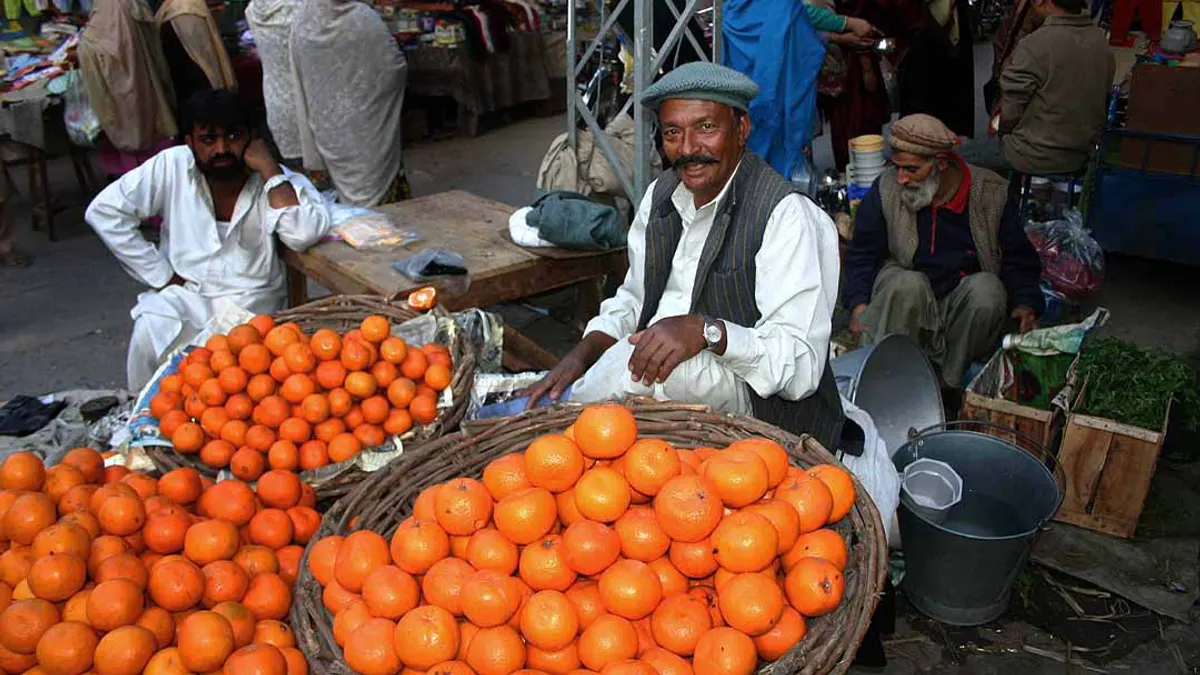A fruit seller behind baskets of oranges at a market stall in Pakistan