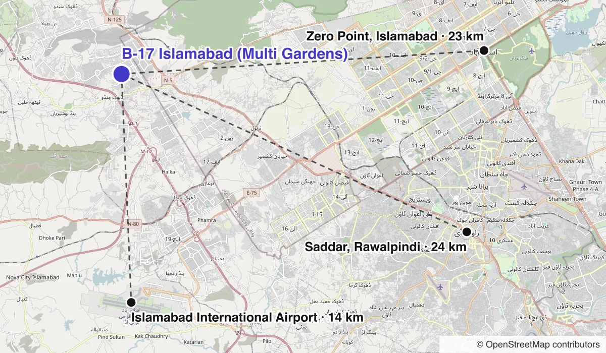 Map of B-17 Islamabad (Multi Gardens) showing straight-line distances to Zero Point, Islamabad, Islamabad International Airport, Saddar, Rawalpindi