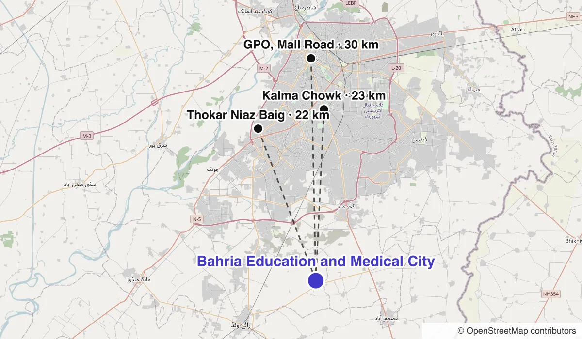 Map of Bahria Education and Medical City showing straight-line distances to Kalma Chowk, Thokar Niaz Baig, GPO, Mall Road