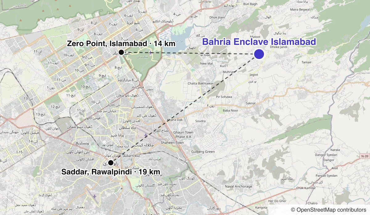 Map of Bahria Enclave Islamabad showing straight-line distances to Zero Point, Islamabad, Saddar, Rawalpindi