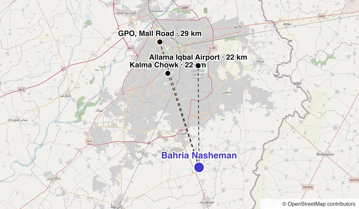 Map of Bahria Nasheman showing straight-line distances to Kalma Chowk, Allama Iqbal Airport, GPO, Mall Road