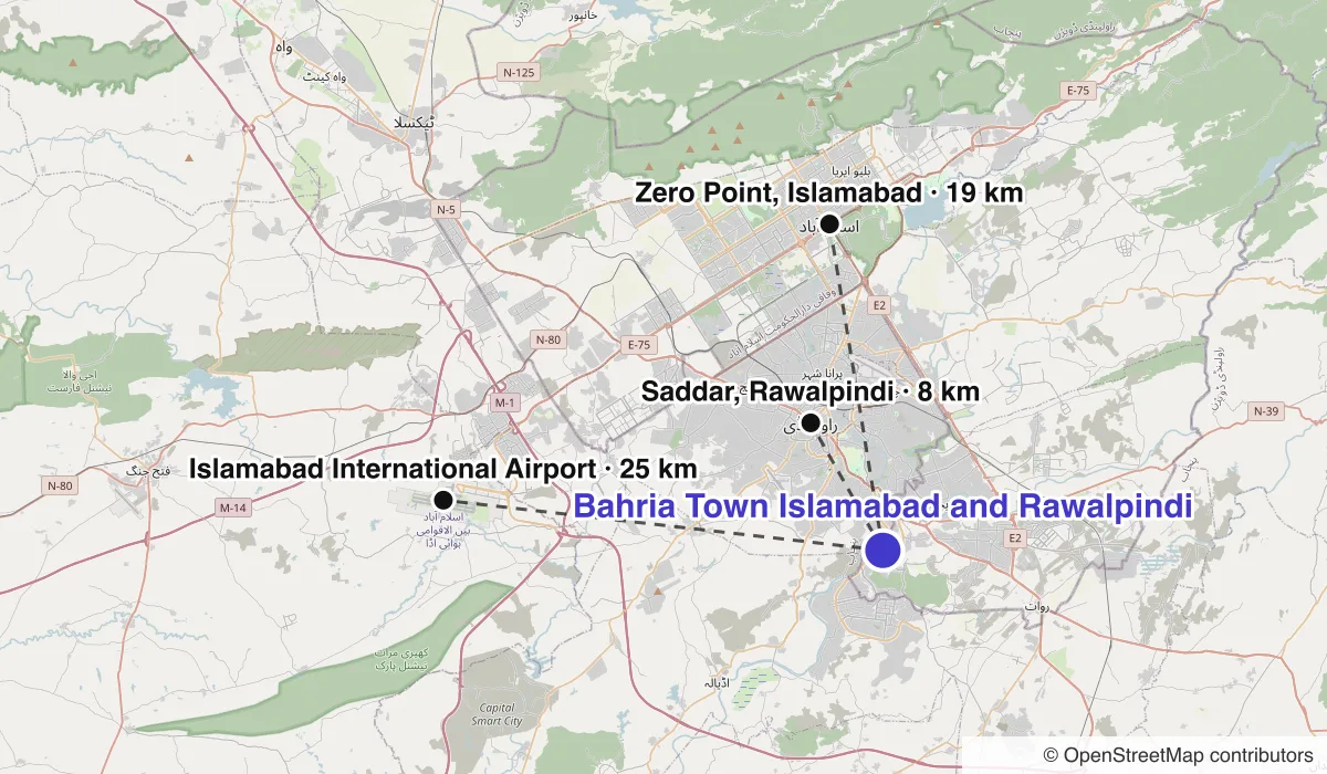 Map of Bahria Town Islamabad and Rawalpindi showing straight-line distances to Zero Point, Islamabad, Saddar, Rawalpindi, Islamabad International Airport