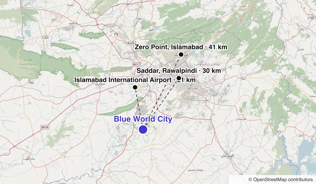 Map of Blue World City showing straight-line distances to Islamabad International Airport, Zero Point, Islamabad, Saddar, Rawalpindi