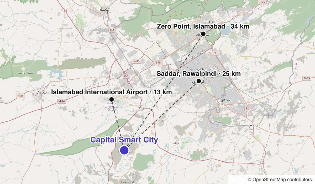 Map of Capital Smart City showing straight-line distances to Islamabad International Airport, Zero Point, Islamabad, Saddar, Rawalpindi