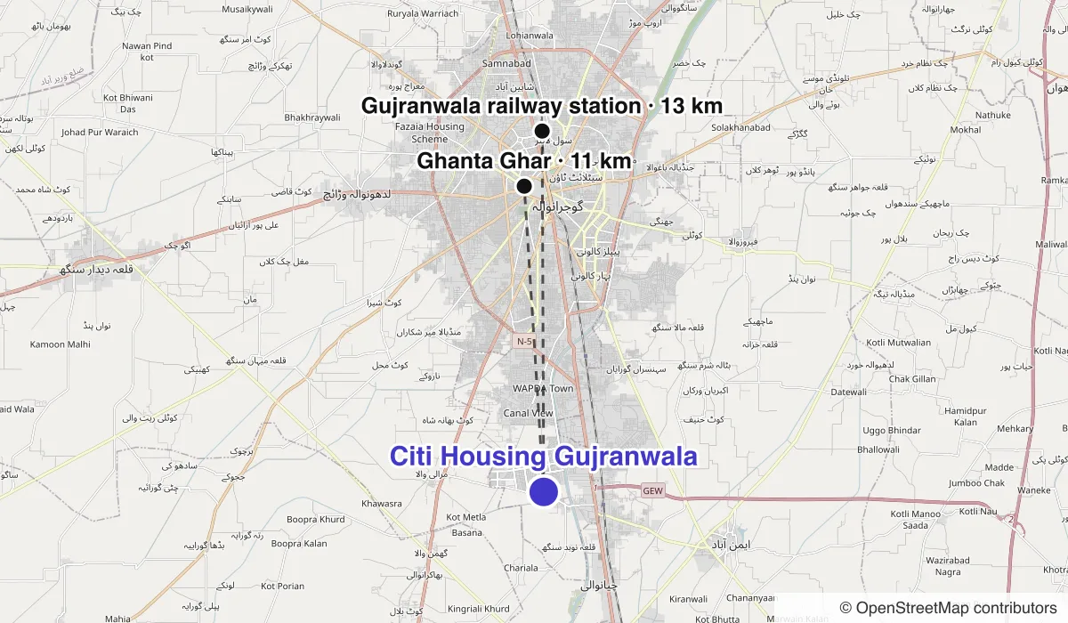 Map of Citi Housing Gujranwala showing straight-line distances to Ghanta Ghar, Gujranwala railway station