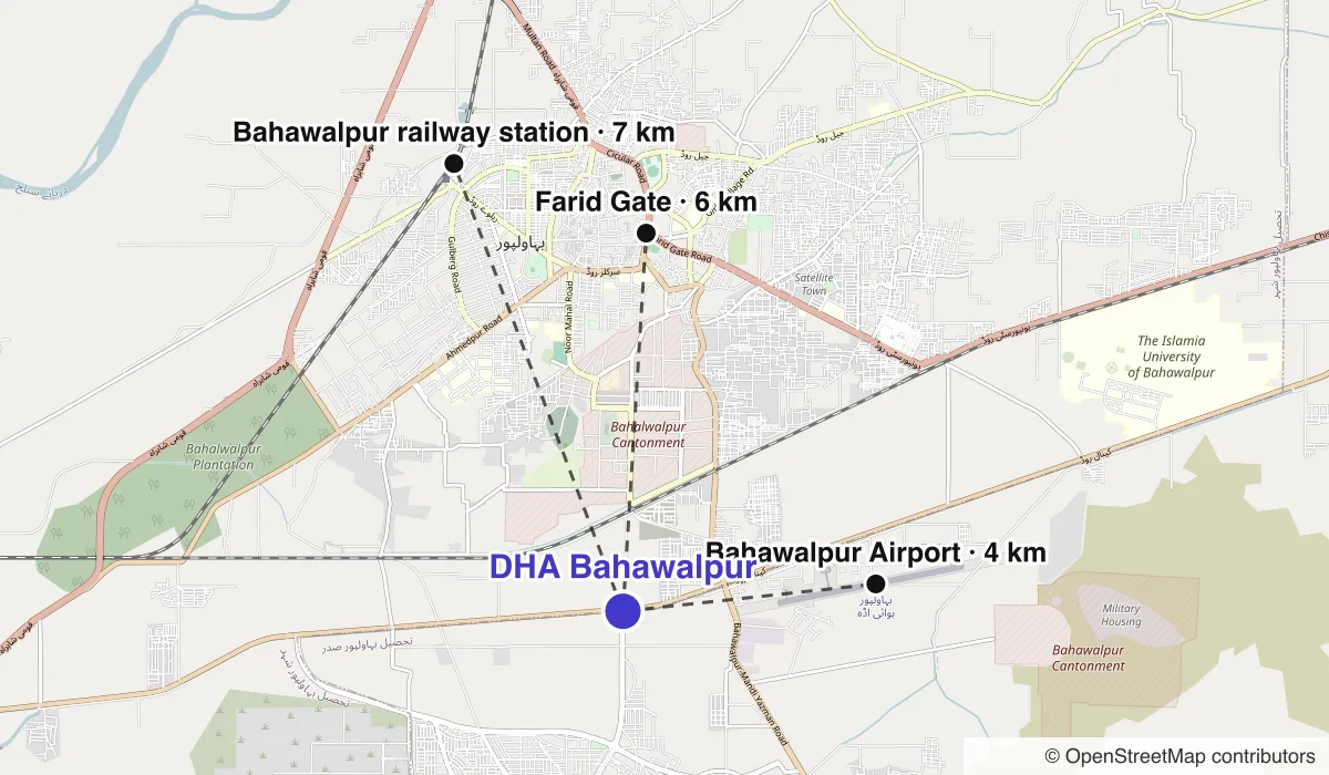 Map of DHA Bahawalpur showing straight-line distances to Bahawalpur Airport, Farid Gate, Bahawalpur railway station