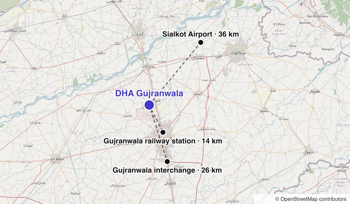 Map of DHA Gujranwala showing straight-line distances to Gujranwala railway station, Gujranwala interchange, Sialkot Airport