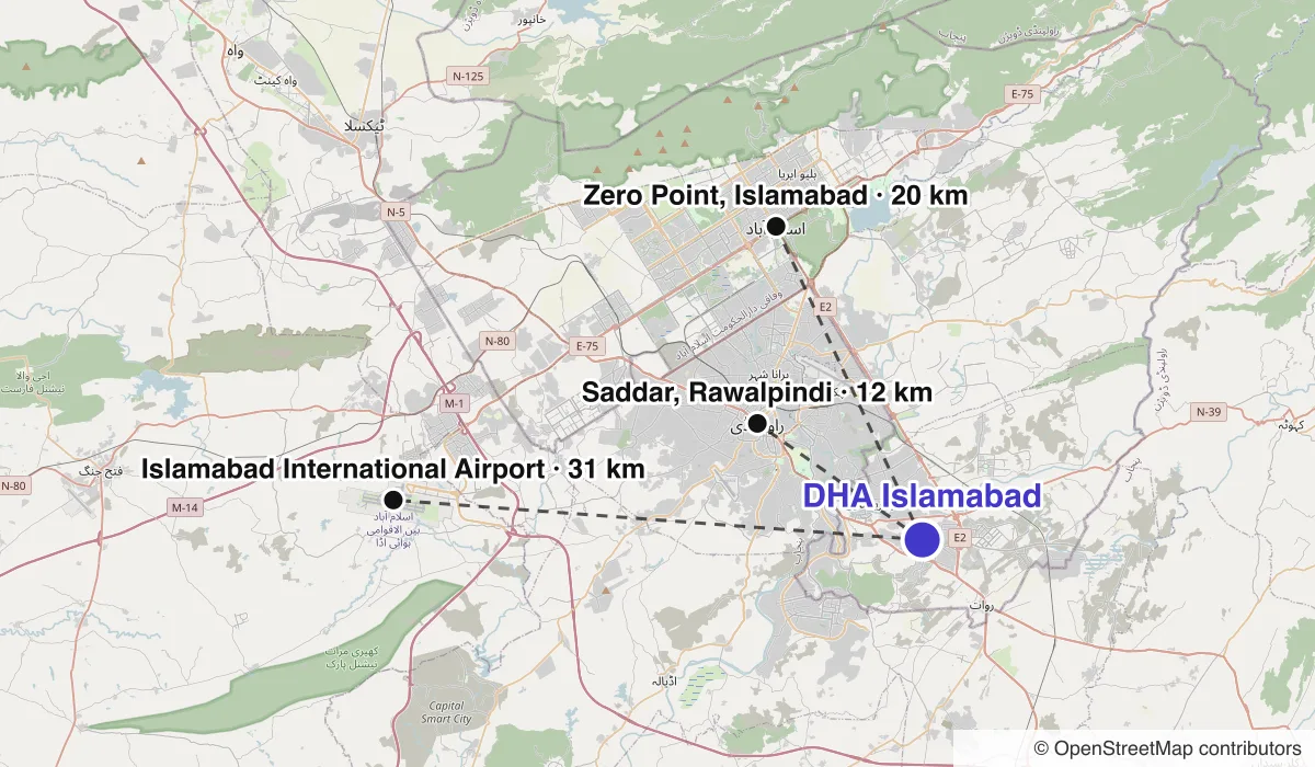 Map of DHA Islamabad showing straight-line distances to Zero Point, Islamabad, Saddar, Rawalpindi, Islamabad International Airport