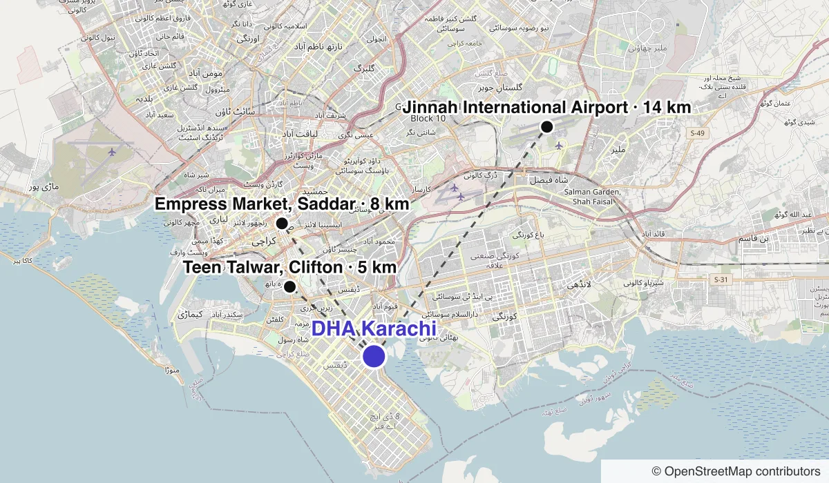 Map of DHA Karachi showing straight-line distances to Empress Market, Saddar, Jinnah International Airport, Teen Talwar, Clifton