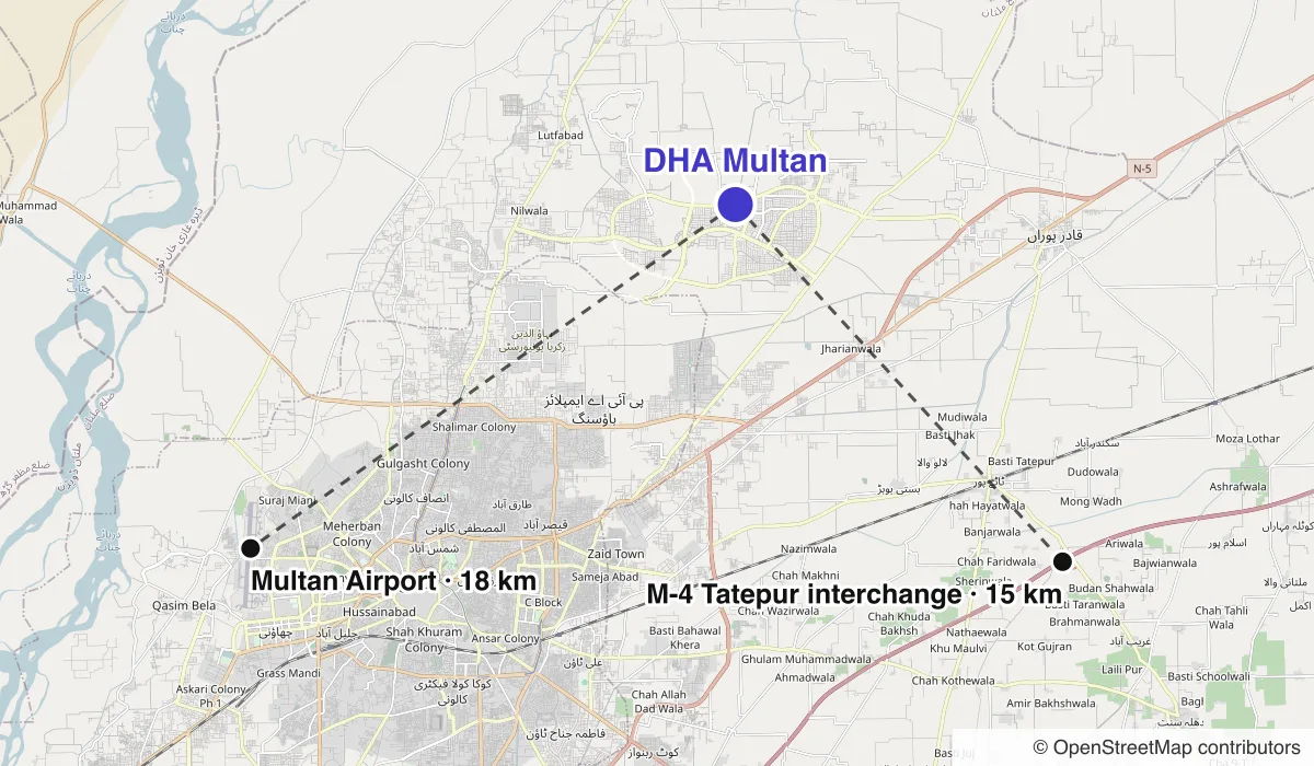 Map of DHA Multan showing straight-line distances to Multan Airport, M-4 Tatepur interchange