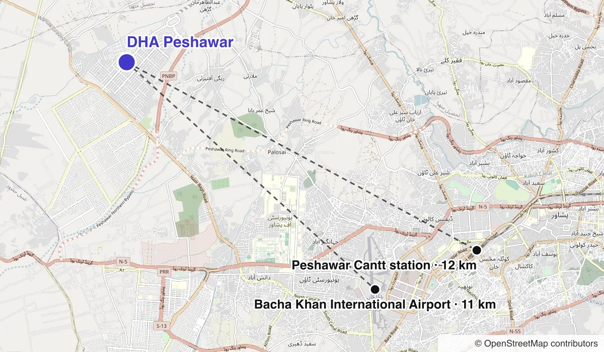 Map of DHA Peshawar showing straight-line distances to Bacha Khan International Airport, Peshawar Cantt station