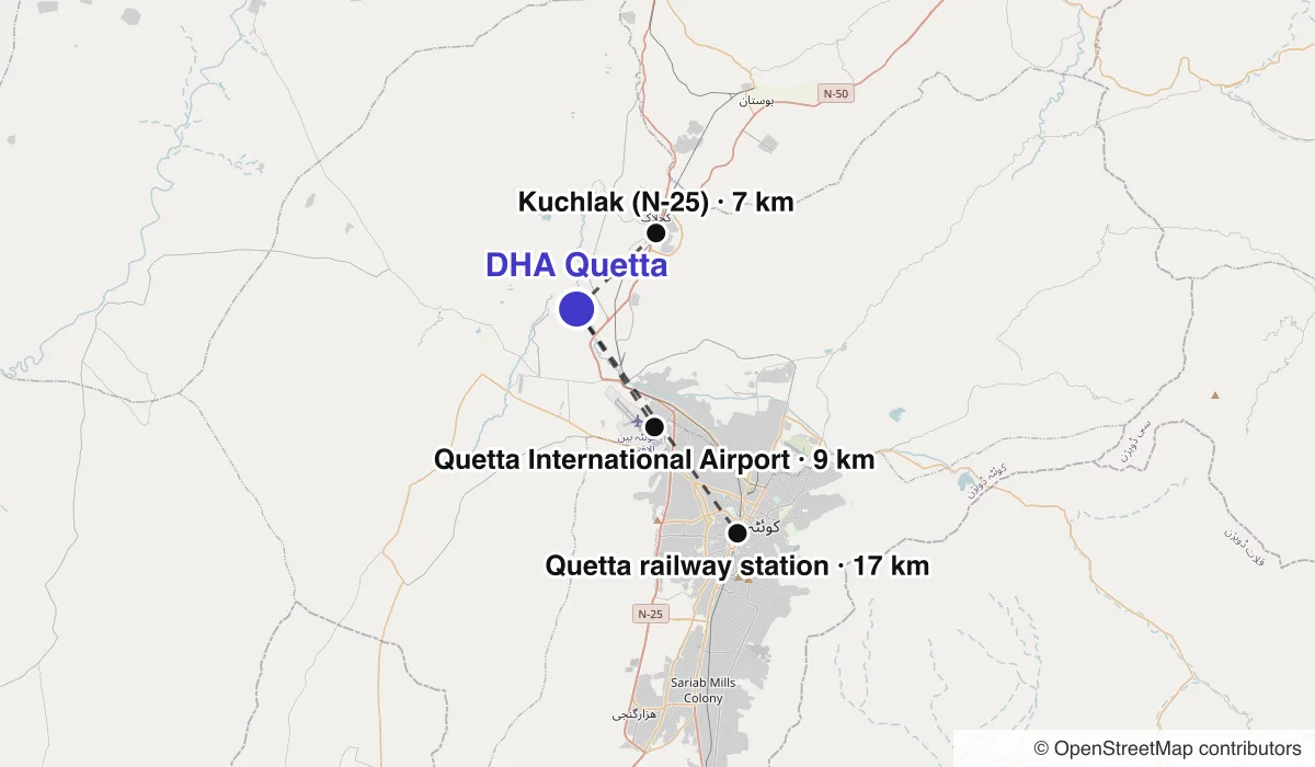 Map of DHA Quetta showing straight-line distances to Quetta International Airport, Quetta railway station, Kuchlak (N-25)