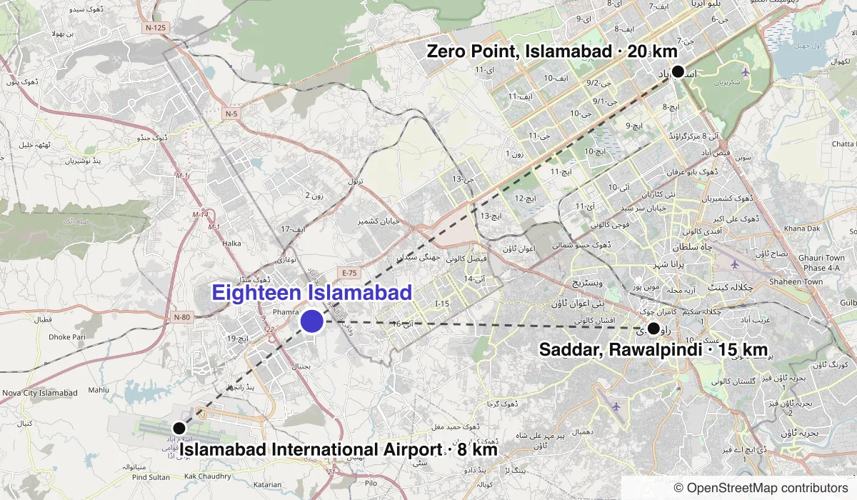 Map of Eighteen Islamabad showing straight-line distances to Islamabad International Airport, Zero Point, Islamabad, Saddar, Rawalpindi