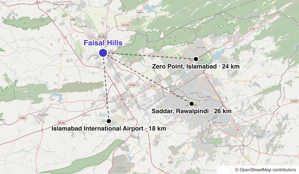 Map of Faisal Hills showing straight-line distances to Zero Point, Islamabad, Islamabad International Airport, Saddar, Rawalpindi