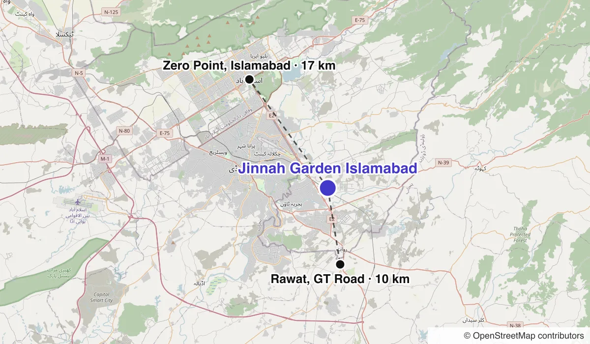 Map of Jinnah Garden Islamabad showing straight-line distances to Zero Point, Islamabad, Rawat, GT Road