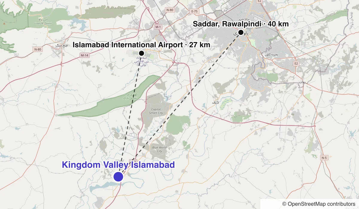 Map of Kingdom Valley Islamabad showing straight-line distances to Islamabad International Airport, Saddar, Rawalpindi