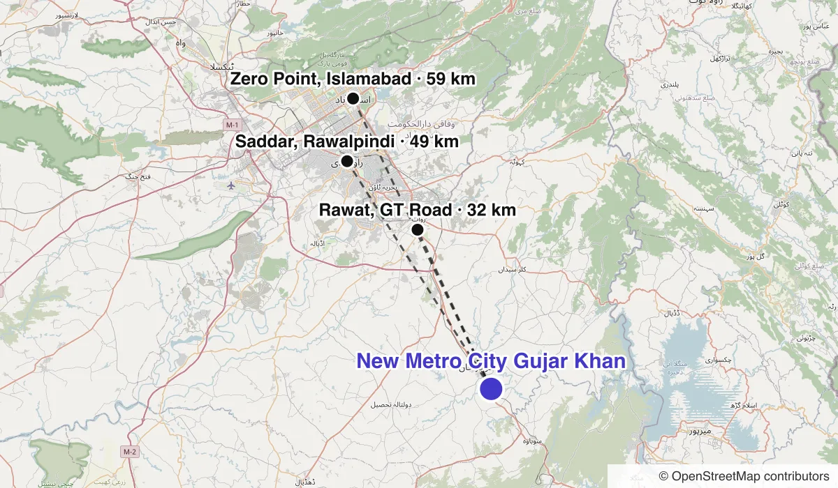 Map of New Metro City Gujar Khan showing straight-line distances to Rawat, GT Road, Saddar, Rawalpindi, Zero Point, Islamabad