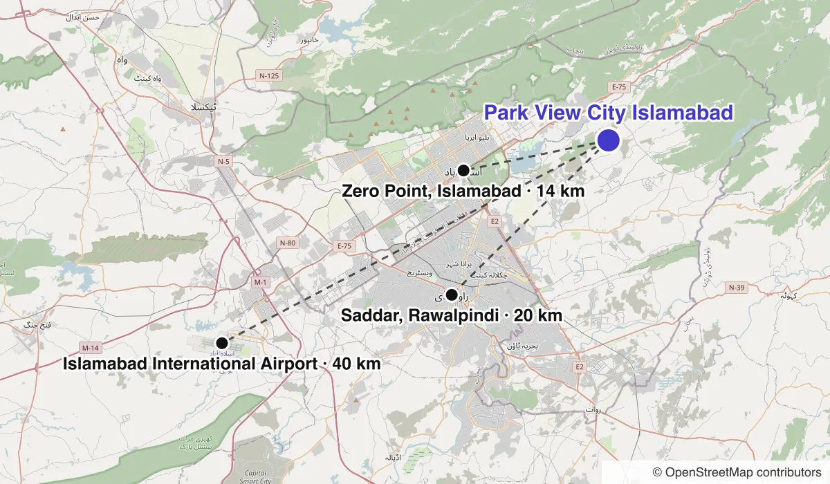 Map of Park View City Islamabad showing straight-line distances to Zero Point, Islamabad, Islamabad International Airport, Saddar, Rawalpindi