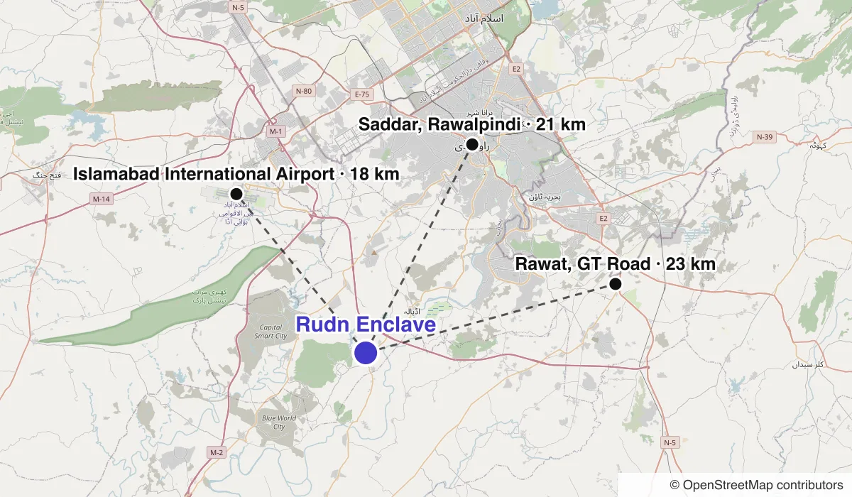 Map of Rudn Enclave showing straight-line distances to Saddar, Rawalpindi, Islamabad International Airport, Rawat, GT Road