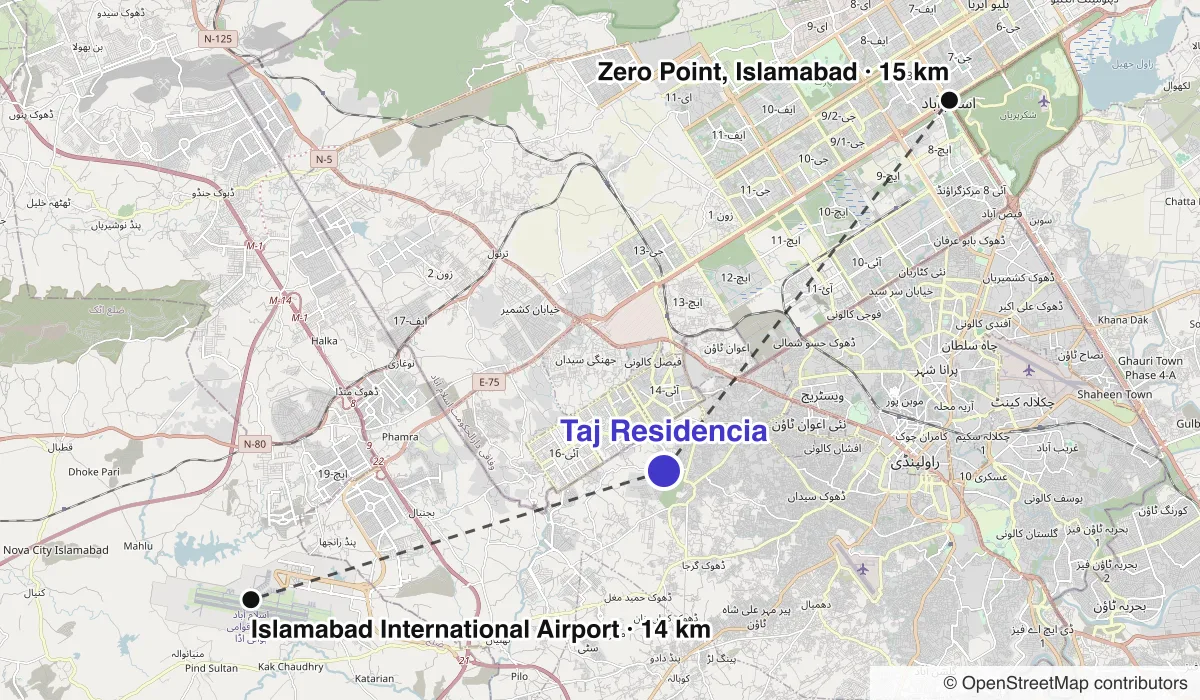 Map of Taj Residencia showing straight-line distances to Zero Point, Islamabad, Islamabad International Airport