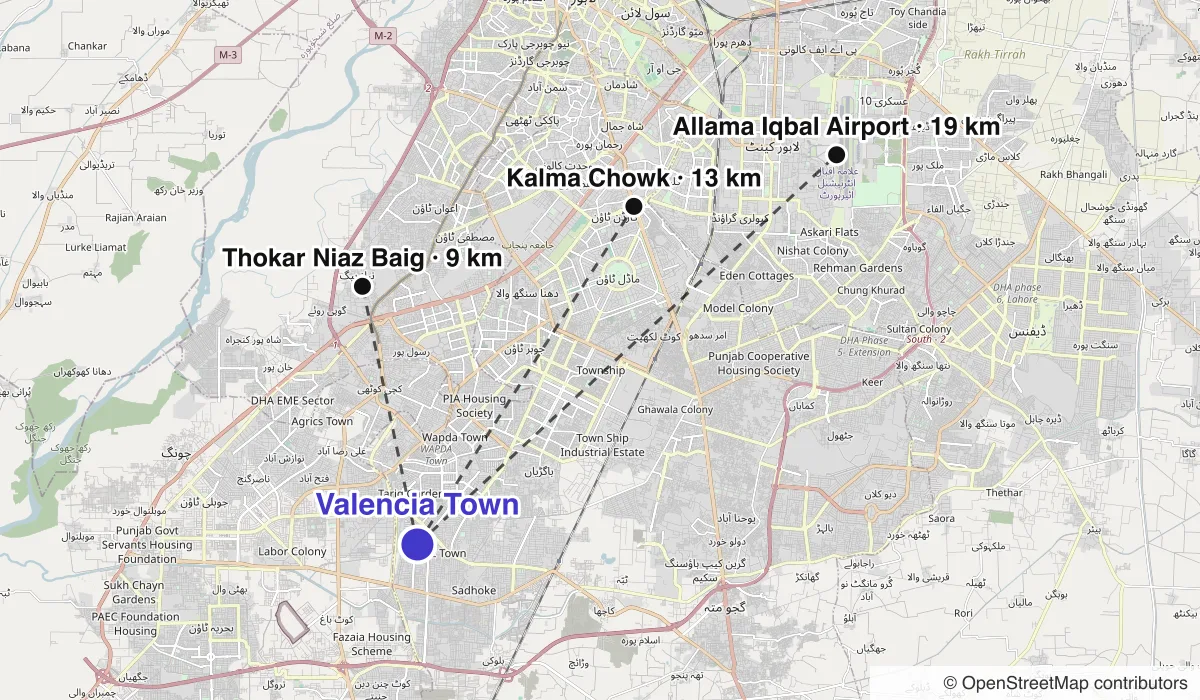 Map of Valencia Town showing straight-line distances to Thokar Niaz Baig, Kalma Chowk, Allama Iqbal Airport