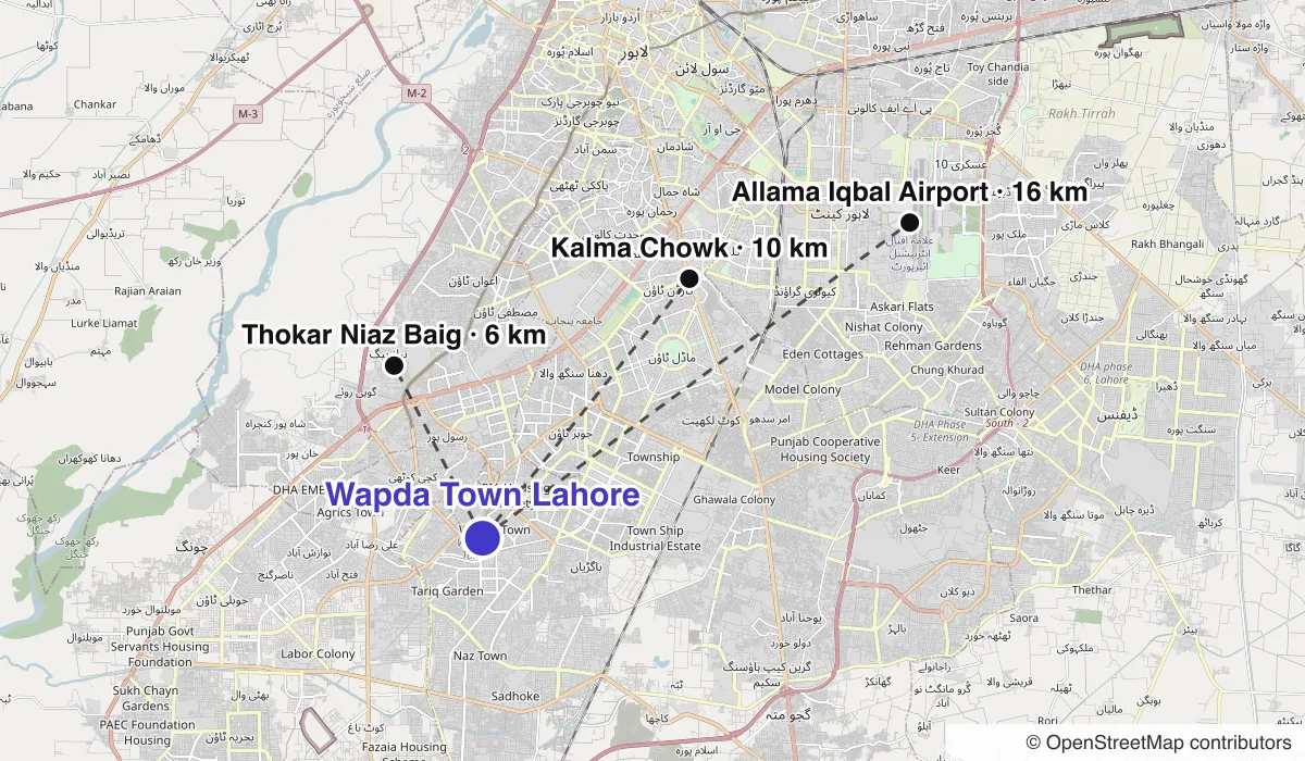 Map of Wapda Town Lahore showing straight-line distances to Thokar Niaz Baig, Kalma Chowk, Allama Iqbal Airport
